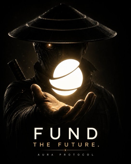 A promotional image for Aura Protocol featuring a masked figure in a wide-brimmed hat holding a glowing orb, with text 'FUND THE FUTURE' and 'AURA PROTOCOL'.