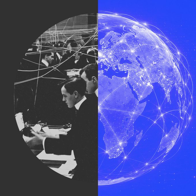 A split image shows black-and-white footage of early 20th-century men operating telegraph equipment on the left, contrasted with a modern blue digital globe depicting interconnected global networks on the right, visually illustrating the shift from human-driven coordination systems to machine-executed networks.