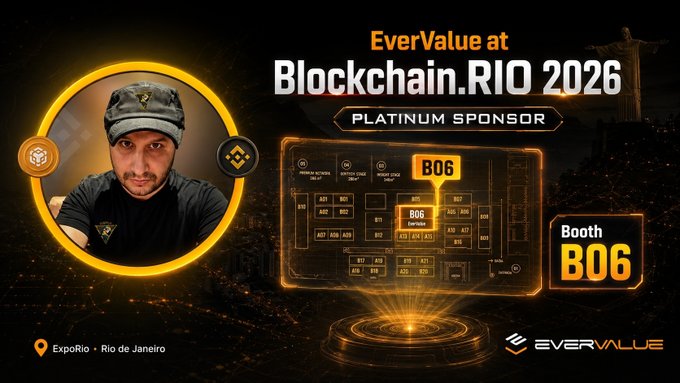 EverValue is showcased as a Platinum Sponsor at Blockchain.RIO 2026 at ExpoRio in Rio de Janeiro, featuring their founder on the left alongside a venue floor map highlighting their Booth B06 location. The promotional graphic ties into the event's announcement of EverValue's participation as a key sponsor of one of Latin America's largest blockchain conferences.