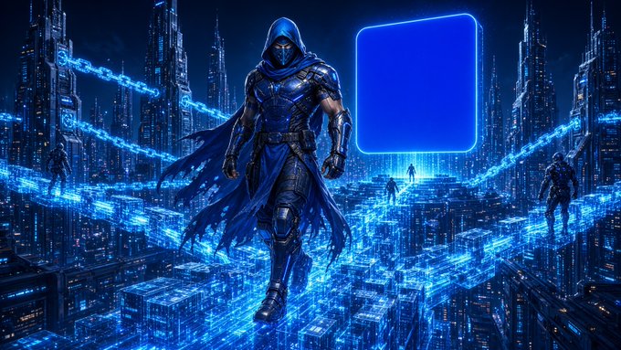A digital fantasy illustration of a hooded, armored figure in blue standing in a neon-lit futuristic cityscape, with a blank blue square placeholder in the upper right.