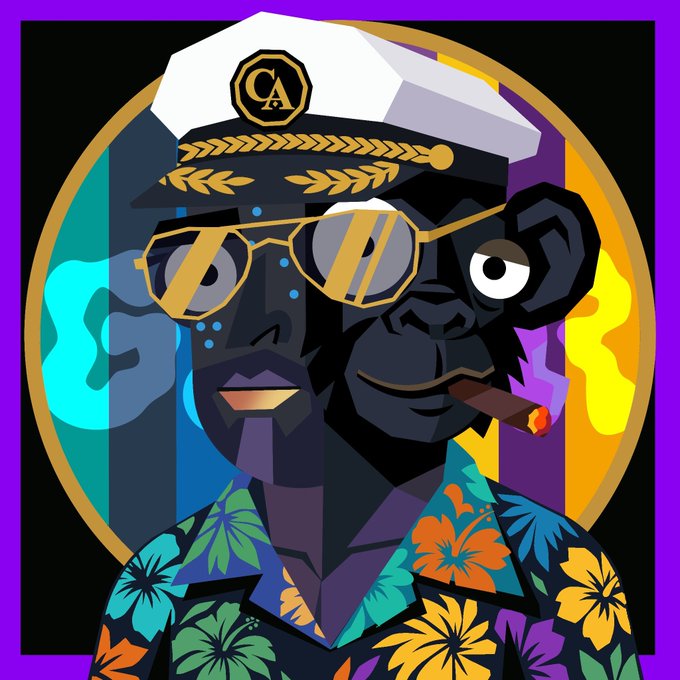 A vibrant, stylized digital illustration of a black chimpanzee wearing a white captain's hat, gold-rimmed sunglasses, and a colorful floral Hawaiian shirt, smoking a cigar.