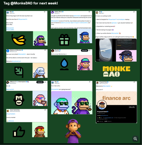 A digital collage titled 'Tag @MonkeDAO for next week!' featuring various tweets, pixel art avatars, and posts from accounts like Zora, steezn, OB, Debank, ktmrnz, cliff, OG, Mac, ProganistPulse, virtualriotrlwd, and Secret WorldwideFan, with a central 'MONKE DAO' logo.