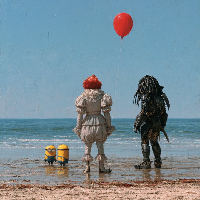 Pennywise the clown from "It" and the Predator stand on a beach facing the ocean, holding a red balloon, with two Minions nearby.