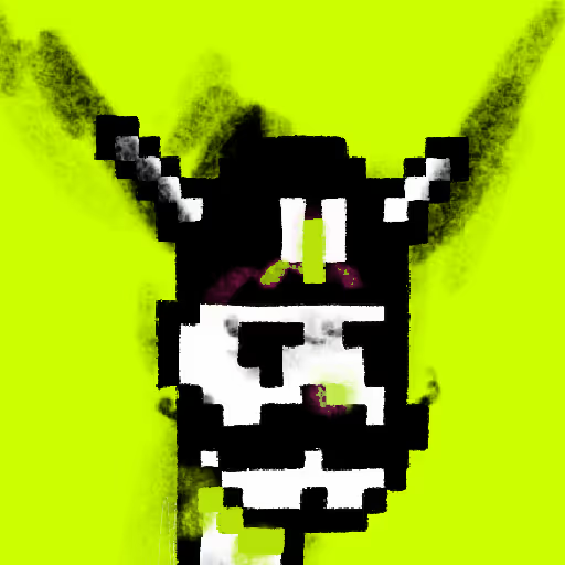 A pixelated digital art piece featuring a black and white creature face with horns against a bright neon yellow-green background with black smoke-like wisps.