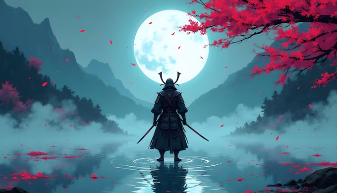 A digital illustration of a samurai warrior standing in shallow water at night, facing a full moon with cherry blossom branches and falling pink petals surrounding the scene.
