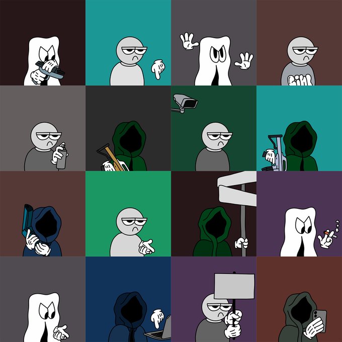 A 4x4 grid of cartoon illustrations features characters including a white tooth, a grey figure, and hooded figures engaged in various activities against alternating colored backgrounds.