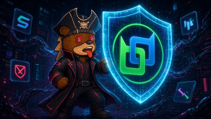 A cartoon bear dressed as a pirate with a hat and eye patches stands in a cyberpunk setting next to a glowing blue shield bearing a green and blue logo.
