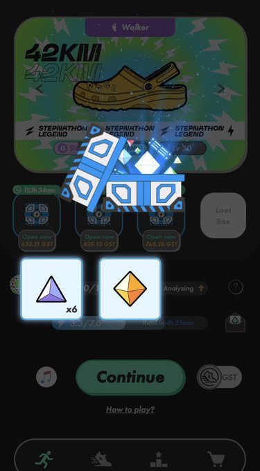 A mobile game screen showing a 'Walker' sneaker NFT card with '42KM' and 'STEPNATHON LEGEND' text, featuring a blue treasure chest animation opening with gems, and 'Continue' button below.