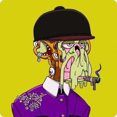 A cartoon illustration of a grotesque character with a melting green face, multiple eyes, and a black cap, smoking a cigar against a yellow background.