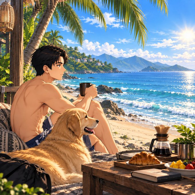 An anime-style illustration depicts a shirtless young man holding a mug while sitting next to a golden retriever on a beach, with a tray of croissants, fruit, and coffee on a wooden table in the foreground.