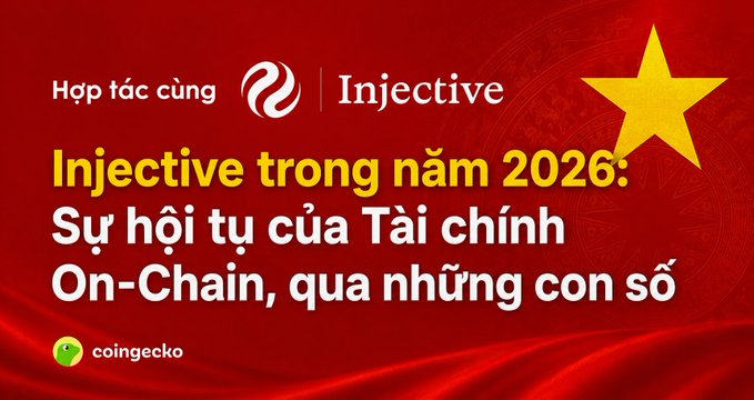 A red and yellow promotional graphic in Vietnamese for Injective, featuring the Injective logo, a yellow star, a waving red flag, and text translating to 'Injective in 2026: The Revival of On-Chain Finance, through numbers', with the Coingecko logo at the bottom left.