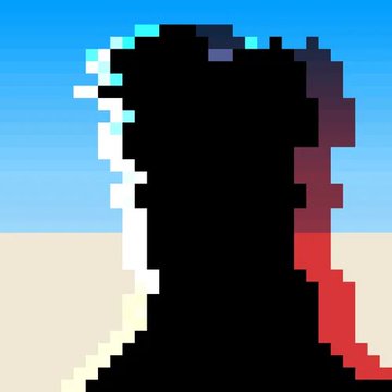 A pixel art image showing a silhouetted figure in black with cyan highlights against a blue sky and tan ground background.