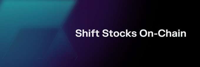 Digital banner with a teal and purple gradient background displaying the text "Shift Stocks On-Chain".