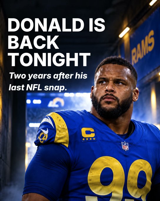 The image features a Rams player wearing jersey number 99 with a captain's "C" patch, alongside bold text reading "DONALD IS BACK TONIGHT" and "Two years after his last NFL snap."

The post highlights Aaron Donald's return to the field after a two-year absence (matching the "Two years after his last NFL snap" caption), with the Rams now favored at 73% in sports markets following their Week 1 loss without him.