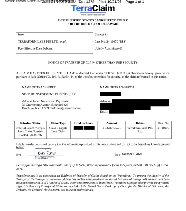 A U.S. Bankruptcy Court notice from TerraClaim in the Terraform Labs PTE Ltd. Chapter 11 case (Case No. 24-10070) records the transfer of a $5,616,775.71 “Class 5 Crypto Loss Claim” from Terraform Labs PTE Ltd. to Serrur Investment Partners, LP, dated October 6, 2026. The filing supports the accompanying post about the $5.62 million crypto-loss claim changing hands, alongside the referenced #LUNC, #USTC, and #TerraClassic tickers.