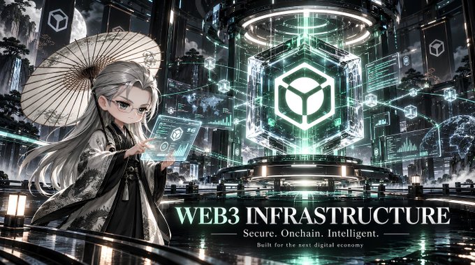 An anime-style character with white hair and glasses holds a holographic tablet while standing beneath a glowing green cube hologram, with the text "WEB3 INFRASTRUCTURE — Secure. Onchain. Intelligent. Built for the next digital economy" displayed across the bottom, illustrating the post's critique of superficial crypto communities by contrasting the polished marketing imagery with the reality of low actual engagement in Web3 projects like NucleusCodes.