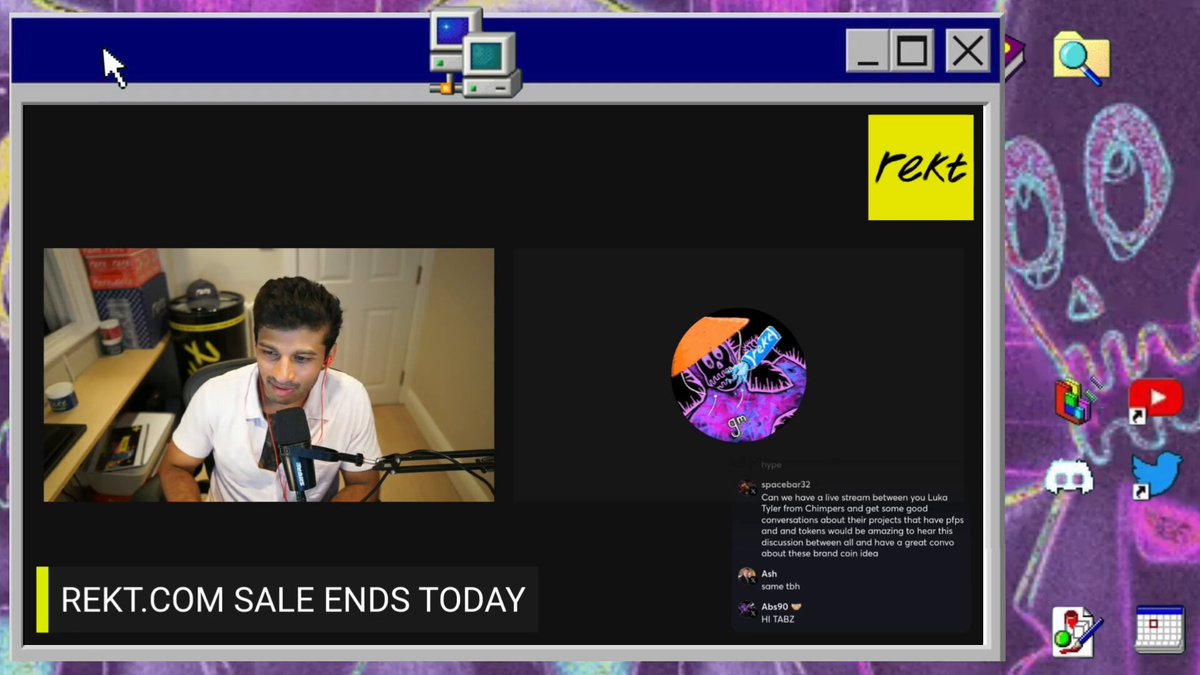 The image shows a computer screen with a message that reads "Rekt com sale ends today." The background of the image features a purple and pink color scheme, which complements the white text on the screen. The main focus of the image is the message displayed in yellow at the top, which says "Rekt is my baby. If your founder isn't this passionate about their project, invest in a different project."