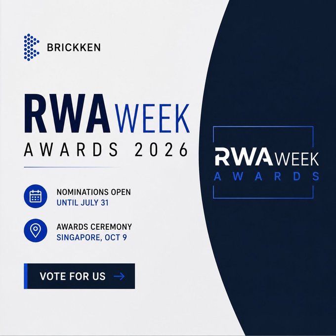 An event flyer for 'BRICKKEN RWA WEEK AWARDS 2026' noting nominations open until July 31 and awards ceremony in Singapore on October 9, with a 'VOTE FOR US' button.