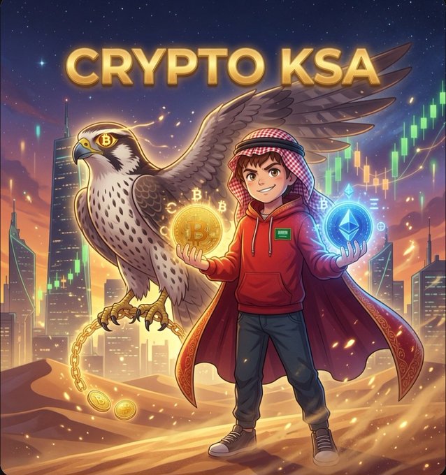 A vibrant illustration titled 'CRYPTO KSA' depicting a boy in traditional Middle Eastern attire holding a Bitcoin and an Ethereum coin, standing beside a falcon against a city skyline with crypto candlestick charts.