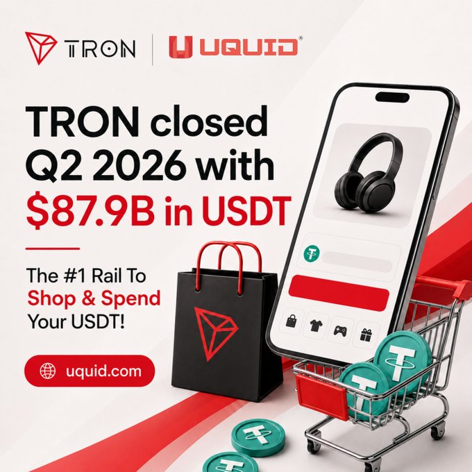 A promotional graphic for TRON and UQUID announces that 'TRON closed Q2 2026 with $87.9B in USDT', calling it 'The #1 Rail To Shop & Spend Your USDT!', with imagery of a smartphone, shopping cart, and USDT coins.