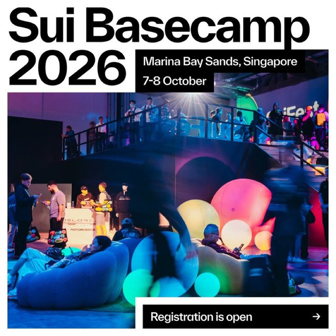 A promotional poster for 'Sui Basecamp 2026' event at Marina Bay Sands, Singapore on 7-8 October, showing a vibrant conference space with colorful lighting and a 'Registration is open' button.