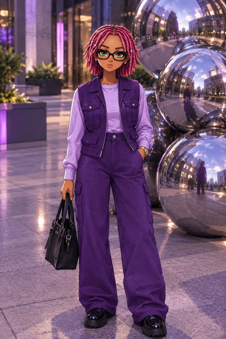 A stylish 3D-rendered figure with pink braided hair and glasses wearing a purple cargo outfit, standing in an urban plaza with reflective silver spheres.