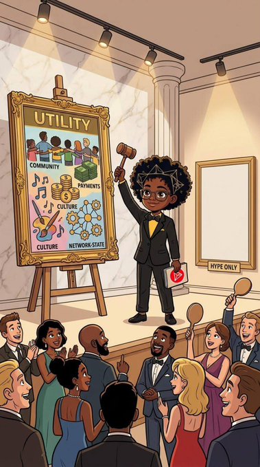 A cartoon illustration showing an auctioneer with a gavel standing before a large painting titled "UTILITY" depicting community, culture, and payments, with a crowd bidding below.