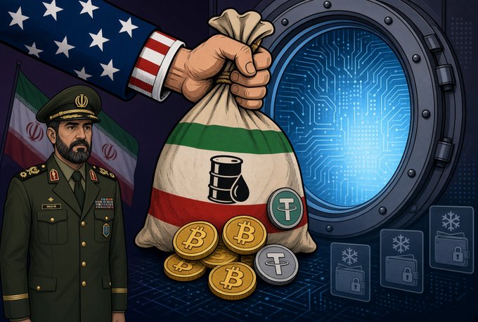 A political cartoon shows an Iranian flag, a military figure, and a hand holding a money bag with cryptocurrency logos including Bitcoin and Tether, alongside a digital keyhole portal.