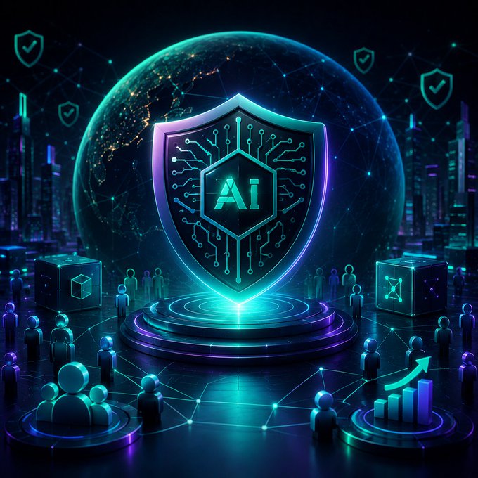 A futuristic neon graphic displays a glowing blue shield with circuit patterns and 'AI' in the center, set against a globe and surrounded by floating checkmark shields and digital human figures.
