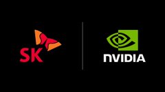 Two company logos side by side on a black background: SK Group (in red) and NVIDIA (in green).