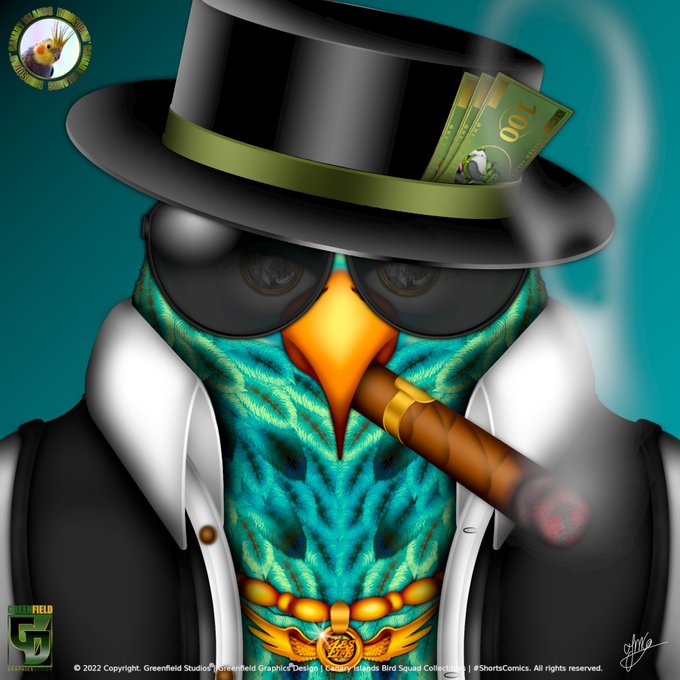 A digital illustration of a teal-feathered bird character wearing a black top hat, sunglasses, smoking a cigar, and a white coat, with cash in its hat band; logos include "Bird Squad Cab Coonacas" and "Greenfield Studios".