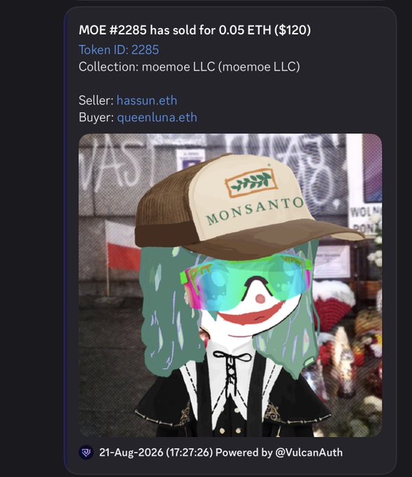 An NFT transaction notification for MOE #2285 showing a sale of 0.05 ETH ($120) between hassun.eth and queenluna.eth, featuring an anime-style character wearing a Monsanto hat.