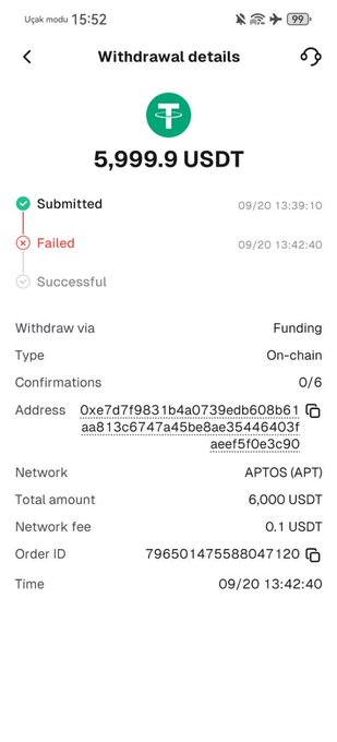 The image shows a WEEX exchange withdrawal details screen displaying a failed transaction of 5,999.9 USDT via the APTOS network on 09/20 at 13:42:40.

This screenshot illustrates the user's complaint about WEEX Exchange, showing that despite requesting withdrawal of nearly 6,000 USDT, the transaction failed (marked with a red X), supporting their claim of being unable to access their funds on the platform.