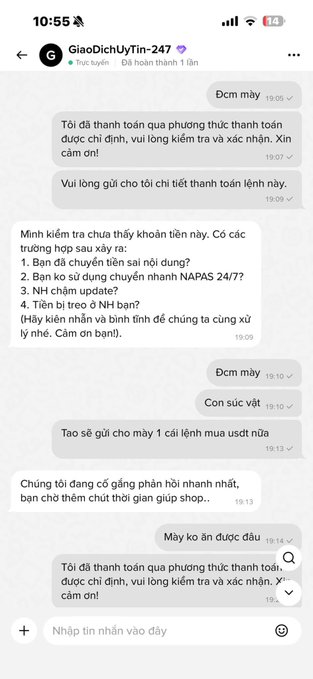 A Vietnamese chat conversation on Instagram with user 'GiaoDichUyTin-247' discussing payment verification and USDT purchase orders.