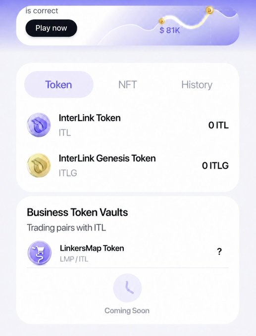 A mobile interface displays a crypto wallet showing zero balances of InterLink Token (ITL) and InterLink Genesis Token (ITLG), with the "Business Token Vaults" section highlighting the upcoming listing of LinkersMap Token (LMP/ITL) — visually previewing the announcement that $LMP will be the first Business Token listed on the InterLink Business Token Exchange (IBTE).