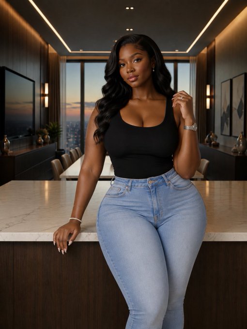 A woman with long dark hair stands leaning against a marble kitchen island wearing a black top and light blue jeans, with a city skyline visible through the window.
