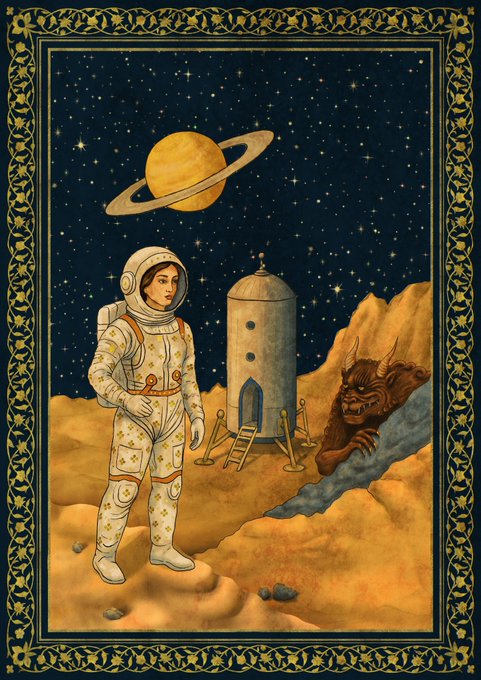 An ornate, illuminated manuscript-style illustration depicting an astronaut standing on a sandy alien landscape near a domed structure, with a horned demon emerging from a cave and a ringed planet visible in the starry sky above.