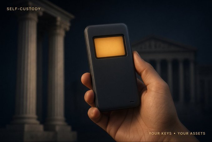 Advertisement for a self-custody hardware wallet being held in a hand, with the text "SELF-CUSTODY" and "YOUR KEYS • YOUR ASSETS" against a classical building backdrop.
