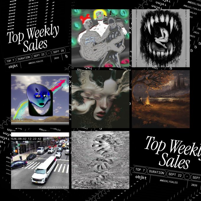 A collage titled 'Top Weekly Sales' dated 'SEPT 22 - SEPT 28' featuring a grid of diverse, surreal, and AI-generated artistic images, including a face with a mask, a creature with a mushroom head, and footprints in the sand.