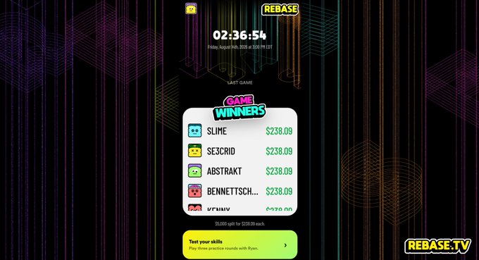 A countdown clock on REBASE.TV shows "02:36:54" until the next game, alongside a "GAME WINNERS" leaderboard listing recent victors like SLIME, $E3CRID, ABSTRAKT, and BENNETTSCH each taking home $238.09, promoting the upcoming 3pm EST prize giveaway mentioned in the caption.