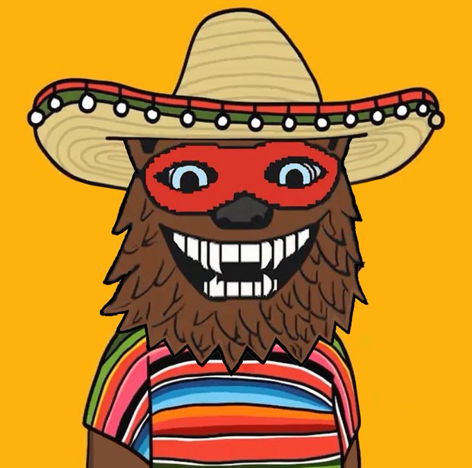 A cartoon illustration of a brown furry creature wearing a red wrestling mask, a sombrero with colorful trim, and a striped poncho against an orange background.