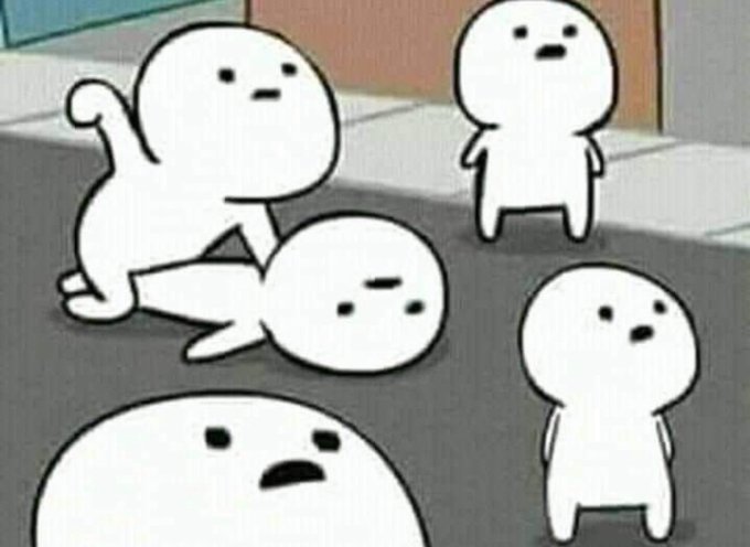 A cartoon illustration shows several simple white blob-like characters with unimpressed expressions, with one being knocked down by another. The scene humorously depicts the disarray and disappointment of XRP holders enduring another difficult day with the cryptocurrency.