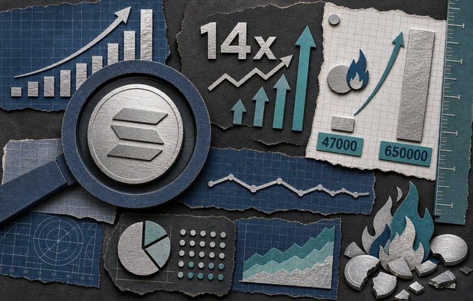 A collage-style graphic featuring charts, graphs, a magnifying glass over a Solana logo, fire icons, and numbers like '14x', '47000', and '650000'.