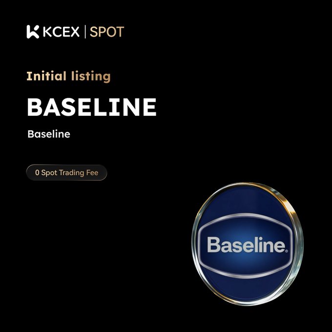 A promotional graphic for "KCEX | SPOT" announcing an "Initial listing" for "BASELINE", featuring its blue circular logo and "0 Spot Trading Fee".