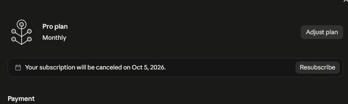 A subscription management screen showing 'Pro plan Monthly' with a message that 'Your subscription will be canceled on Oct 5, 2026,' alongside an 'Adjust plan' and 'Resubscribe' button.
