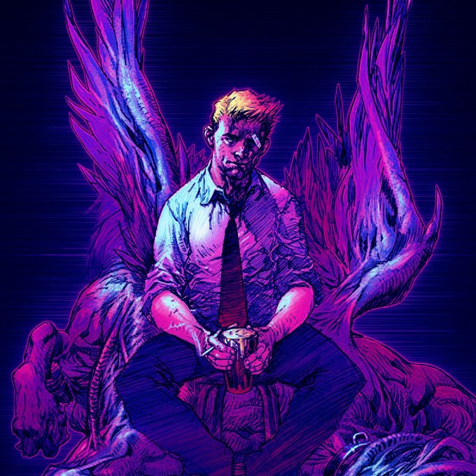 A stylized comic book illustration depicts a blonde man in a shirt and tie sitting with glowing purple wings spread behind him, holding a mug.