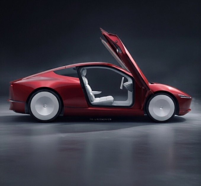 A red sports car concept with its door open, displaying a white interior against a dark studio background, with "TSL URCDESIGN" text visible.