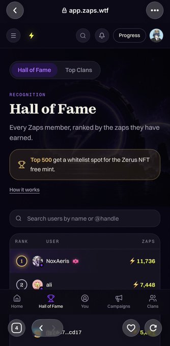 A mobile screenshot of the app.zaps.wtf 'Hall of Fame' leaderboard, ranking members by earned zaps, with top user 'NoxAeris' holding 11,736 zaps and an offer for the top 500 to receive a Zeus NFT whitelist spot.