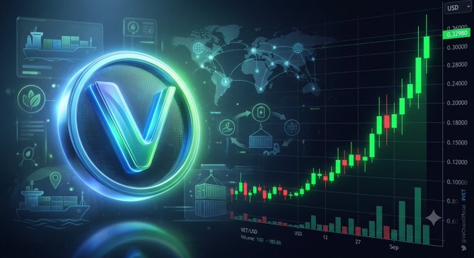 A VeChain ($VET) price chart displayed against a dark blue tech-themed background with a glowing V logo, world map, and green bullish candlesticks reaching above 0.32000 USD.