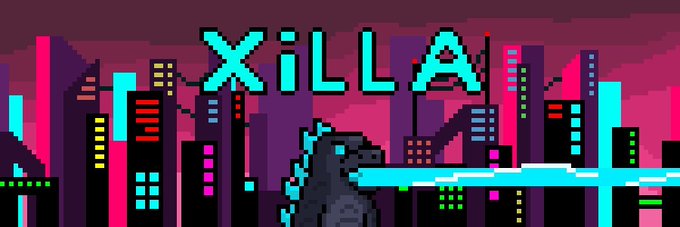 Pixel art graphic featuring a Godzilla-like monster in a pink and purple cityscape with the title "XILLA" displayed in cyan block letters.